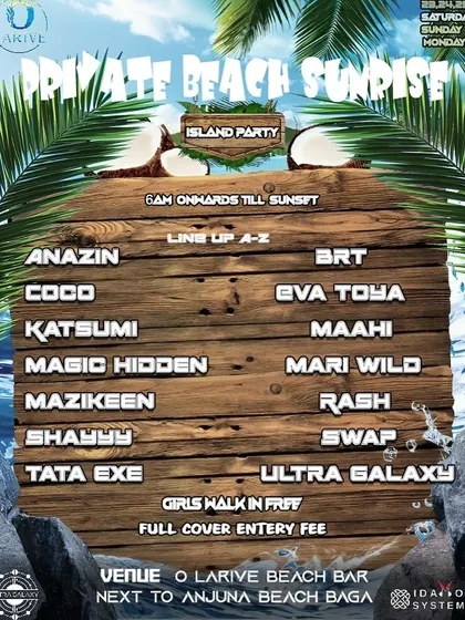 The lineup for a 3-day private beach party in Goa. Events like this are amazing, with a marathon of music from sunrise to sunset.