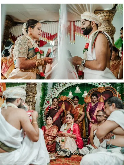 A collage of the wedding ceremony, showing the couple's interactions and the traditional rituals.
