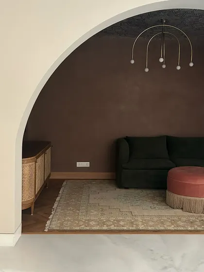 A glimpse of the Quiet Ornate project coming together. The deep rosé walls are up, and the furniture is being placed. You can already feel the moody, layered vibe we were aiming for.