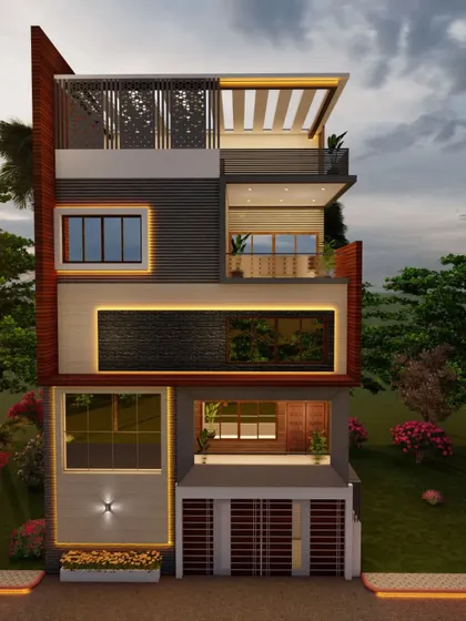 A frontal elevation of another modern home concept, featuring a mix of dark brick, light stone, and wood paneling.