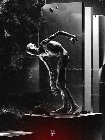 A black and white version of "VOID." Stripping away the color emphasizes the stark contrast, the texture of the crumbling rock, and the raw silhouette of the trapped figure.