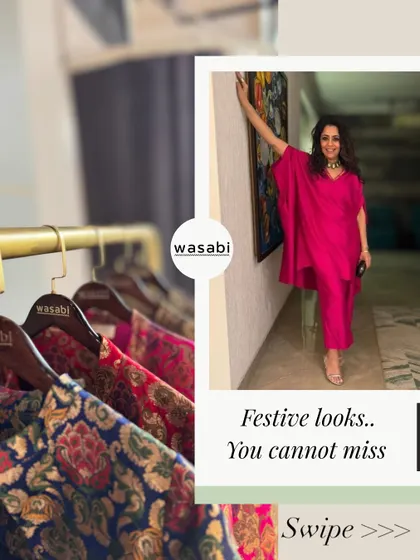 From regal silks to luxurious brocades, these are the festive looks you cannot miss. This collage showcases a vibrant pink co-ord set and a close-up of our intricate brocade fabrics.