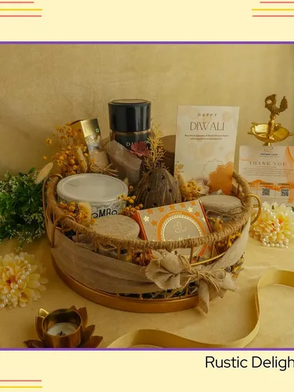 The "Rustic Delight" hamper offers an earthy and warm aesthetic. Packed in a round wooden basket, it includes a mix of organic and artisanal products.