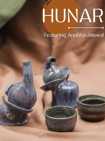 Anubha's journey with ceramics began as a hobby but quickly became her calling. This image showcases her work for Hunar, from wheel-thrown elephants to tea bowls, each carrying a story and a touch of her passion.