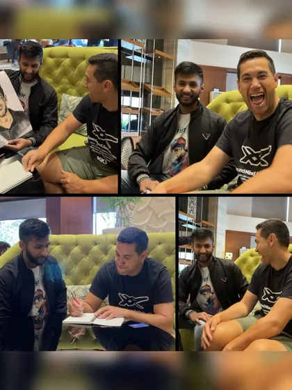 A collage showing the fun interaction I had with former New Zealand cricketer Ross Taylor while gifting him a portrait.