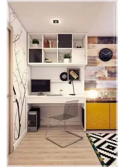 A compact study corner with a wall-mounted desk and overhead shelving. The design uses a mix of wood, white, and yellow for a fresh and modern look.