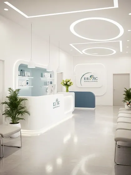 A futuristic and clean clinic reception in all-white, featuring curved lines on the desk and ceiling. The design incorporates illuminated display shelves and a glowing logo, creating a bright, sterile, and highly modern look.