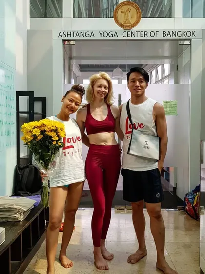 With fellow yogis at the Ashtanga Yoga Center of Bangkok. The global Ashtanga community is a source of friendship and support.