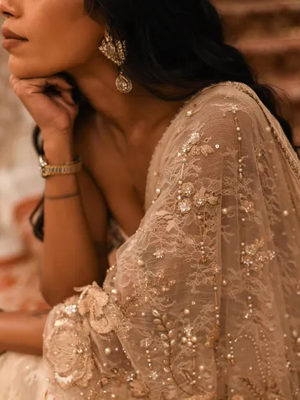A close-up detail shot of Anasuya Sengupta's Tarun Tahiliani saree. The focus on the delicate lace, pearl, and crystal work highlights the incredible craftsmanship of Indian couture.