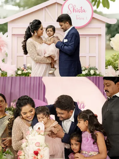 A collage of happy family moments during a first birthday cake cutting ceremony.