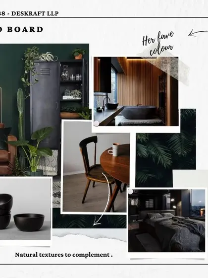 This mood board showcases a design concept for a dark-themed project, balancing black and green with the warmth of wood and natural textures.