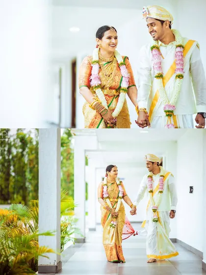 A bright and airy "walking down the corridor" shot of the newly married couple.
