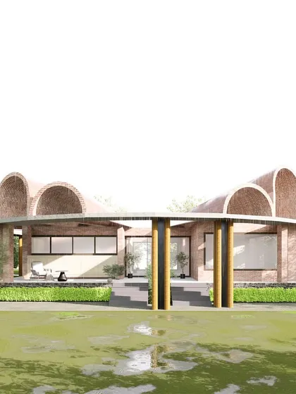 A design proposal for a farmhouse on the outskirts of Bangalore. The architecture juxtaposes an orthogonal ground plane with a circular roof of undulating half-cone vaults, creating unique volumes and interesting light flow.