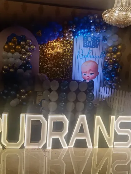 A close-up of the light-up marquee letters for Rudransh's birthday. I can provide these letters for any name, making the decoration truly personalized.