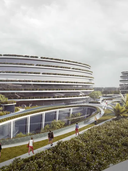 The surrounding office towers feature green facades and terraces, continuing the "garden city" theme throughout the masterplan.