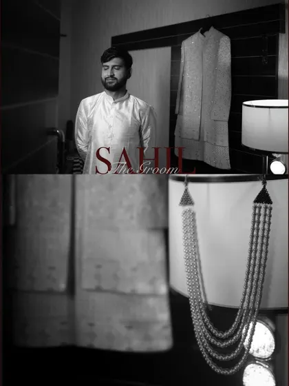 A stylish black and white collage of the groom's getting-ready process, featuring portraits and detail shots of his accessories.