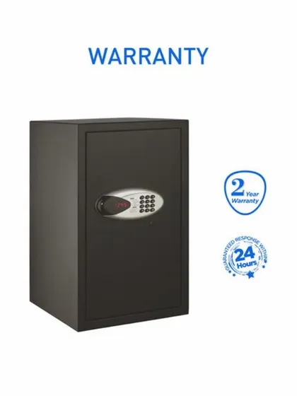 This image highlights the 2-year warranty and 24-hour service response for the Safilo Digital-2 safe.