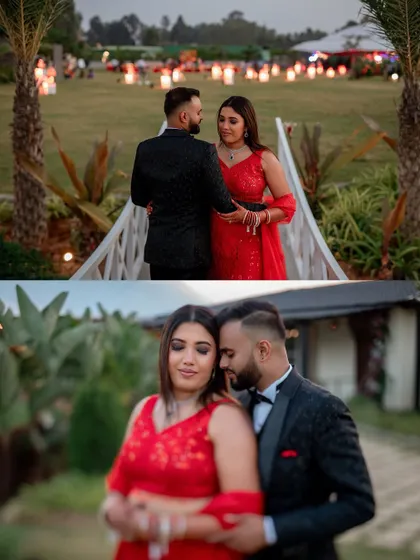 A collage of romantic moments between Monika and Mukul at their outdoor reception, set against the evening sky.