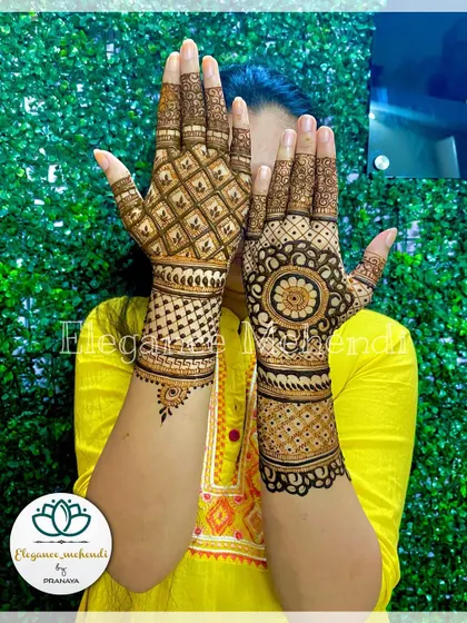 A stylish backhand design with a mix of geometric and mandala patterns, shown off by the bride.