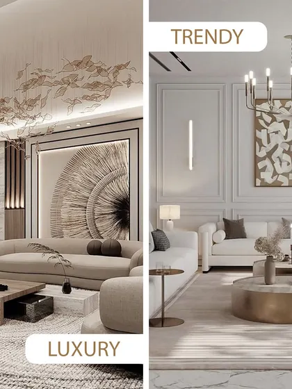 A comparison of a luxurious living room with ornate details and a trendy one with clean lines and modern art. Both are beautiful, but they speak different style languages.