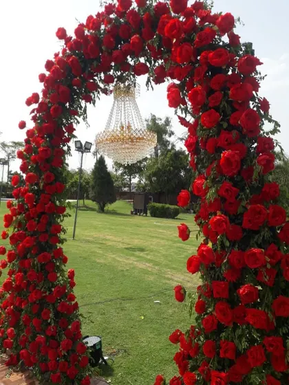 A closer view of the magnificent red rose arch with a crystal chandelier. This combination of lush florals and elegant lighting is the essence of romantic wedding decor.