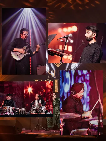 A collage showcasing the different elements of the band: the intricate work of our guitarists, the soulful backing vocals, the traditional rhythms of the tabla, and the modern pulse of the drums.