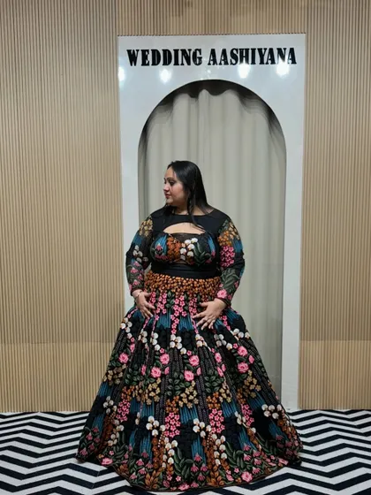 Another angle of the plus-size floral lehenga, showing how it drapes beautifully. My goal is to create outfits that make you feel as good as you look.