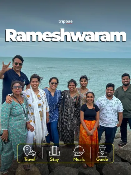 A happy group by the sea in Rameshwaram. This trip offers a unique blend of spiritual sites and beautiful coastal scenery.