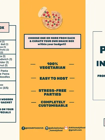 Our official menu for the 'Party in a Box' service. You can choose from a variety of snacks, baked delights, and mini serves to create a custom box that fits your budget and taste.