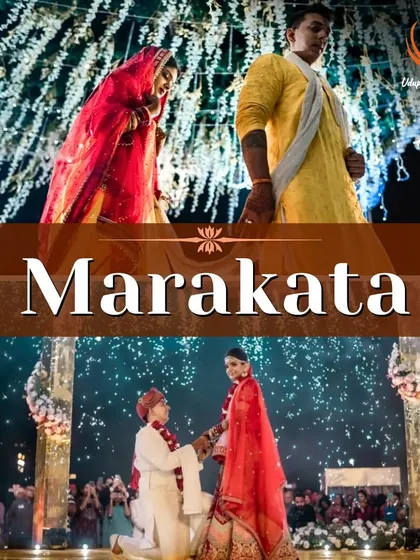 A collage capturing the royal and romantic moments of weddings at our Marakata venue. The grand outdoor setting allows for spectacular decor, like the firework display during the ring exchange.