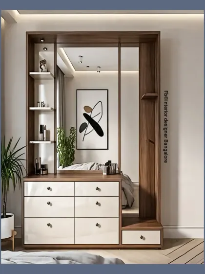 A large dressing unit with a full-length mirror, multiple drawers, and open shelving for easy access to everyday items.