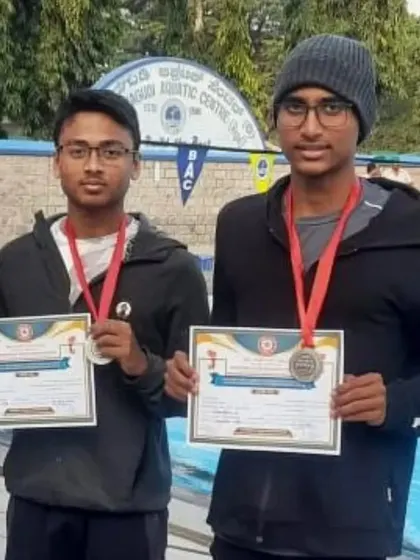 Our backstrokers Manan Chinivar and Vishwathan S. have both qualified for the SGFI Nationals. Their success at the State PU Board Championship is a credit to their specialized training.