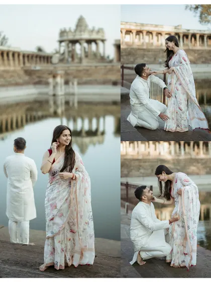A collage capturing a playful proposal moment during a pre-wedding shoot at a temple, showing the groom on one knee and the bride's joyful reaction.