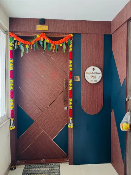The full entrance view, decorated for a housewarming ceremony.