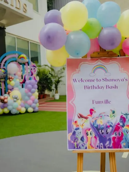 The custom welcome sign for the My Little Pony party, inviting guests to Funville for a magical birthday bash.