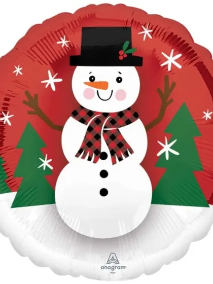 A cheerful snowman foil balloon to bring some holiday spirit to your celebration. This round balloon features a cute snowman design and is perfect for any Christmas party.