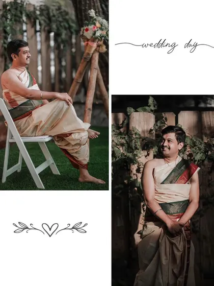 A relaxed portrait of the groom on his wedding day, sitting in a garden setting in his traditional attire.