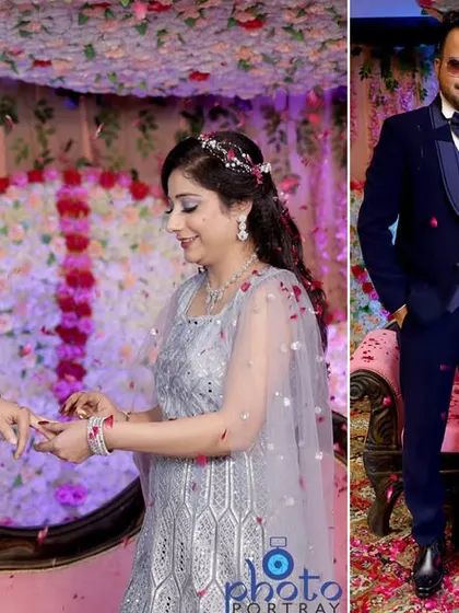 An album collage showing the ring exchange and the couple posing together, showered in confetti.
