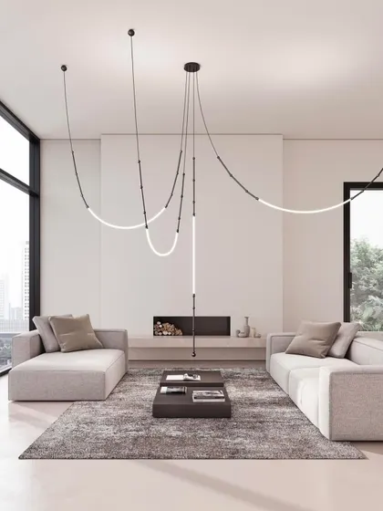 The Leda system used to create a sprawling, artistic installation in a large living room. It can be directed and shaped to illuminate different zones within a single space.