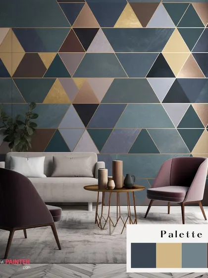 This living room features an elegant geometric wall design with a sophisticated colour palette of deep blues, gold, and muted tones, creating a modern and luxurious atmosphere.