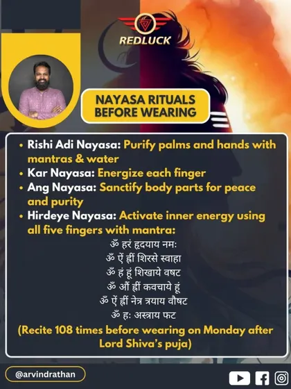 Before wearing a One-Faced Rudraksha, specific Nyasa rituals are performed to purify and energize the body. This includes purifying the palms, energizing the fingers, and activating your inner energy with specific mantras recited 108 times.