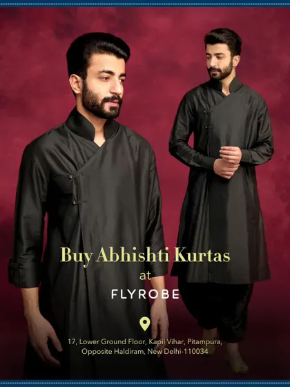 Our collaboration with Abhishti Kurtas. This graphic showcases a stylish black asymmetric kurta, now available to buy at our store.