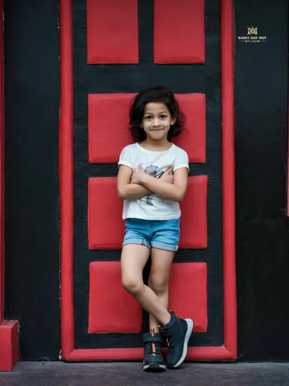 A confident pose from a young girl against our bold red and black outdoor wall. We encourage kids to show off their personality.