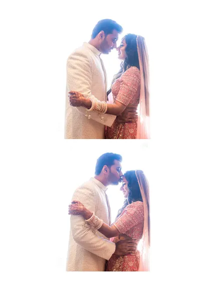 Two ethereal, high-key portraits of the couple. The bright, white background creates a dreamy, angelic feel, focusing purely on their embrace and kiss.