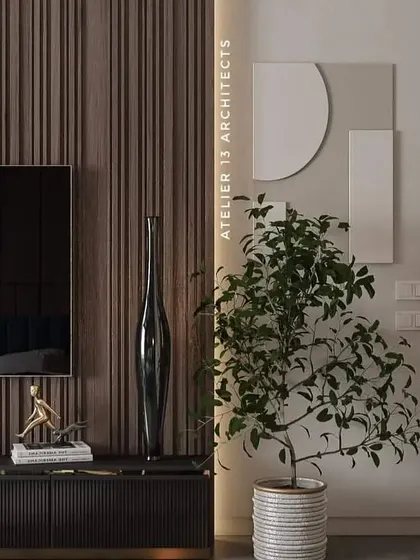 A slightly different angle of the minimalist media console, emphasizing the vertical lines of the wood paneling on the wall and the console itself. The design is clean, modern, and texturally rich.