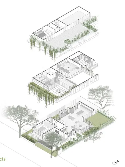 An exploded isometric floor plan, illustrating the layout of each level and how they connect to the outdoor green spaces.