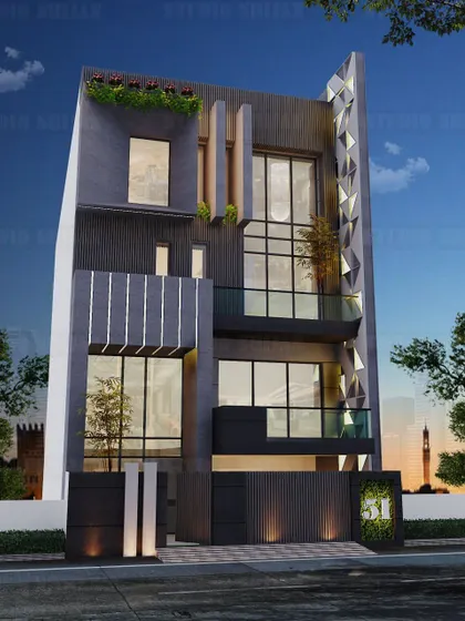 A 3D architectural render for a home in Pitampura, showcasing a complex facade with geometric patterns and varied depths. This visualization was the key to aligning with our client before we proceeded with the construction seen in image 27.