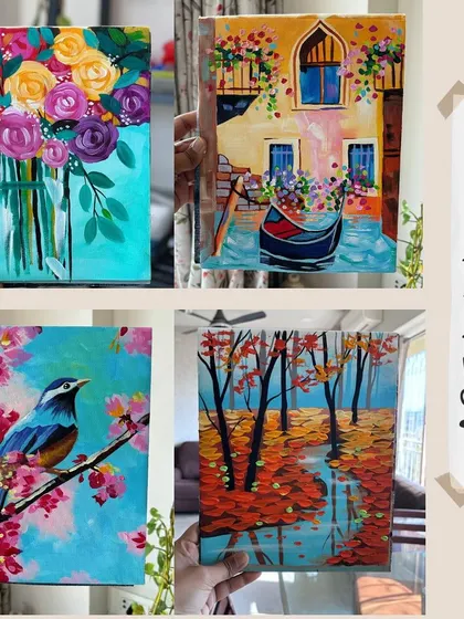 Here are the four reference paintings for our acrylic course, taught by Kshama. Each one is designed to teach a different set of techniques, from blending to knife painting.