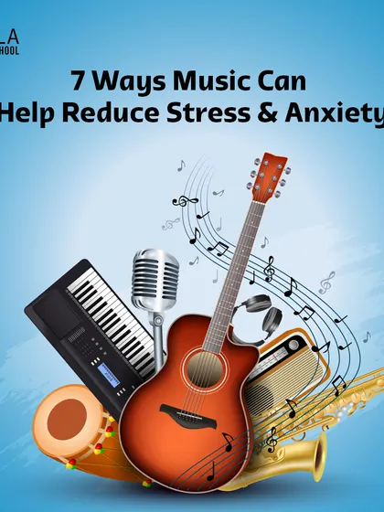 A collage of musical instruments. My blog explores how music can help reduce stress and anxiety in seven different ways.
