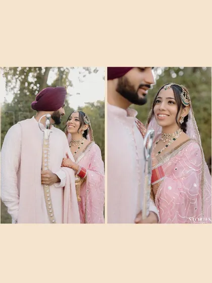 A soft, romantic portrait of the Sikh couple.